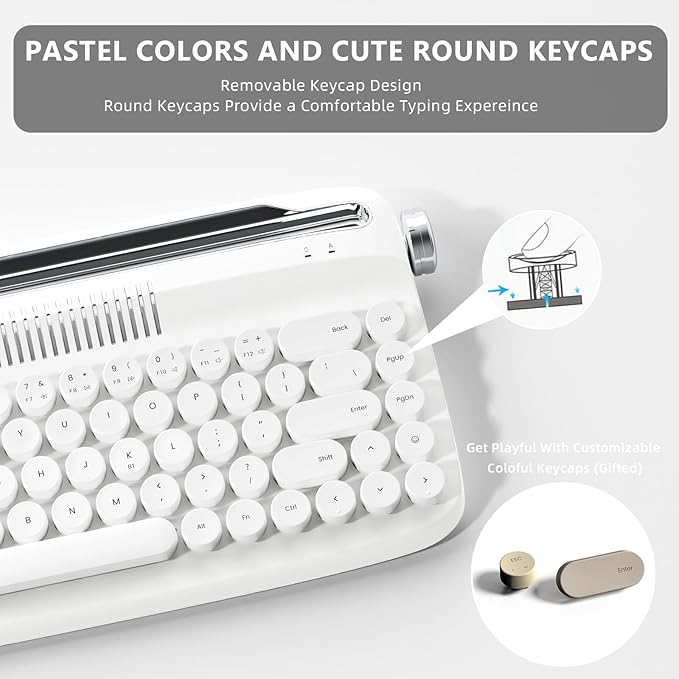 YUNZII Upgraded Wireless Typewriter Keyboard, Retro Aesthetic with Integrated Stand,Cute Round Keycaps, USB-C/Bluetooth Connection for Table, Phone, PC and Win/Mac/Android (B307, Snow White)