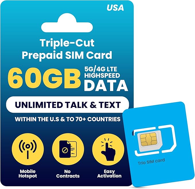 H2O Wireless 30-Day USA Physical Prepaid SIM Card with 60GB High-Speed 4G LTE/5G Data & 5GB Mobile Hotspot, Unlimited Data, Talk & Text to 70+ Countries, Triple-Cut US SIM Card for Cell Phones