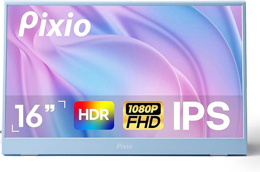 Pixio PX160 Wave Blue Portable Monitor 15.6 inch 60Hz FHD 1080p IPS Panel HDR Screen Cover Stand USB-C HDMI Laptop Screen Extender Portable Monitor for Laptop, PC, Console, Phone