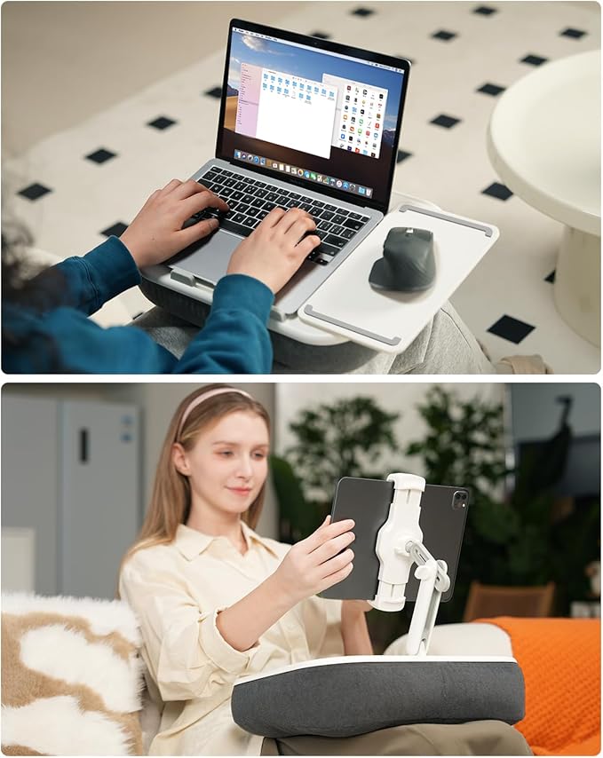 Viozon Kindle Pillow Stand Holder, Phone Holder for Bed, Laptop Lap Desk with Mouse Pad,Compatible with 4.7-13" Kindle/Tablet/Phone,10-15" Laptop, Snack Bowl&Cup Attachment&Detachable 360°Stand Arm