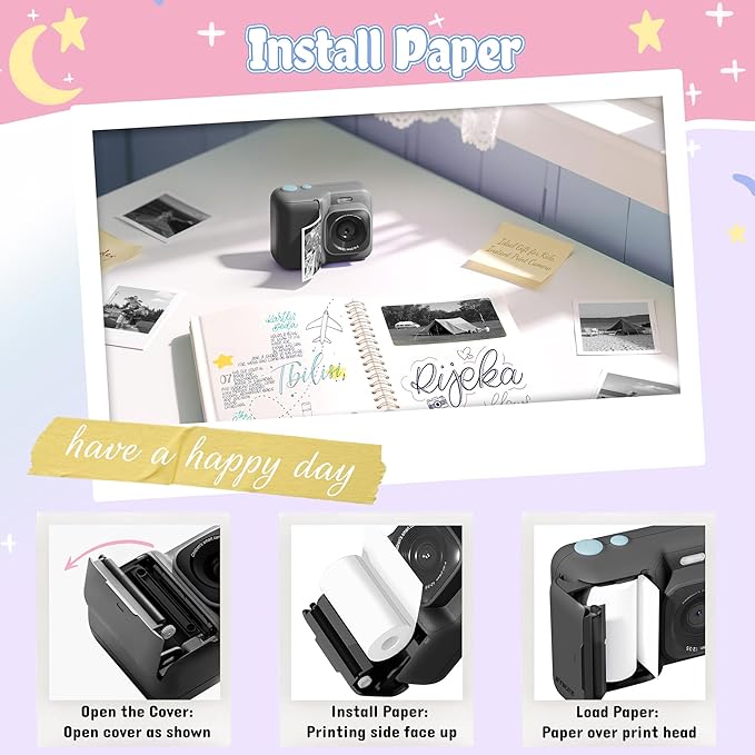 Kids Camera, 1080P Instant Digital Print Camera for Kids, Christmas Birthday Gifts for 4 5 6 7 8 9 10 Year Old Girls Boys, Portable Toy with 32GB SD Card & 3 Rolls Printing Paper, Black