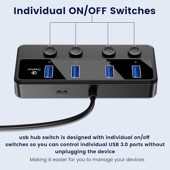 Qeefun 4-Port USB 3.0 Hub, Individual LED Power Switches, 5Gbps Data Transfer USB Splitter with 2ft Extension Cable, Multiple USB Extender for Laptop, PC, iMac, USB Flash Drives and More