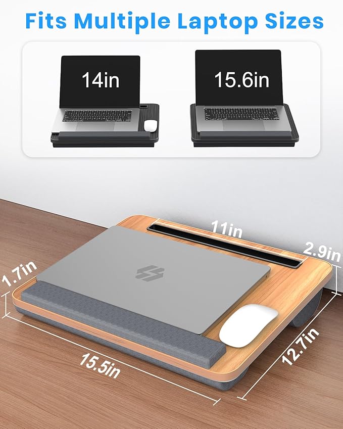 Portable Lap Desk, Laptop Stand for Bed with Soft Wrist Rest, Tablet/Phone Slot, Fabric Handle, Laptop Bed Desk with Cushion (Light Brown)