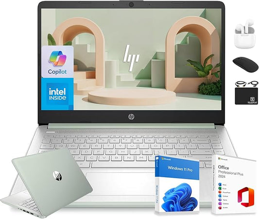 HP 14” Flagship Laptop 2025 AI-Powered Computer, Office Lifetime, Student Business, 4-Core Intel CPU, 16GB RAM 628GB Storage (128GB UFS+ 500GB Ext), Long Battery HubxcelAccessory Win 11 Pro Green