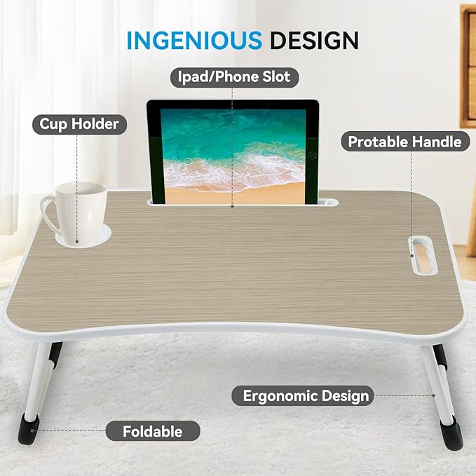 BUYIFY Folding Lap Desk, 23 Inch Portable Wood Brown Laptop Bed Desk Lap Desk with Cup Holder, for Working Reading Writing, Eating, Watching Movies for Bed Sofa Couch Floor