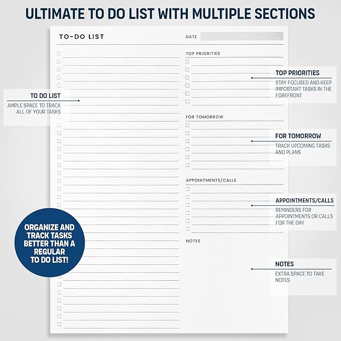 To Do List Notepad: With Multiple Functional Sections - Large Size 8.5x11" 52 Sheets - Tear Off Daily Planner Notebook - Task CheckList Organizer Agenda Pad for Work - Note, Plans, Goals, Grocery, and