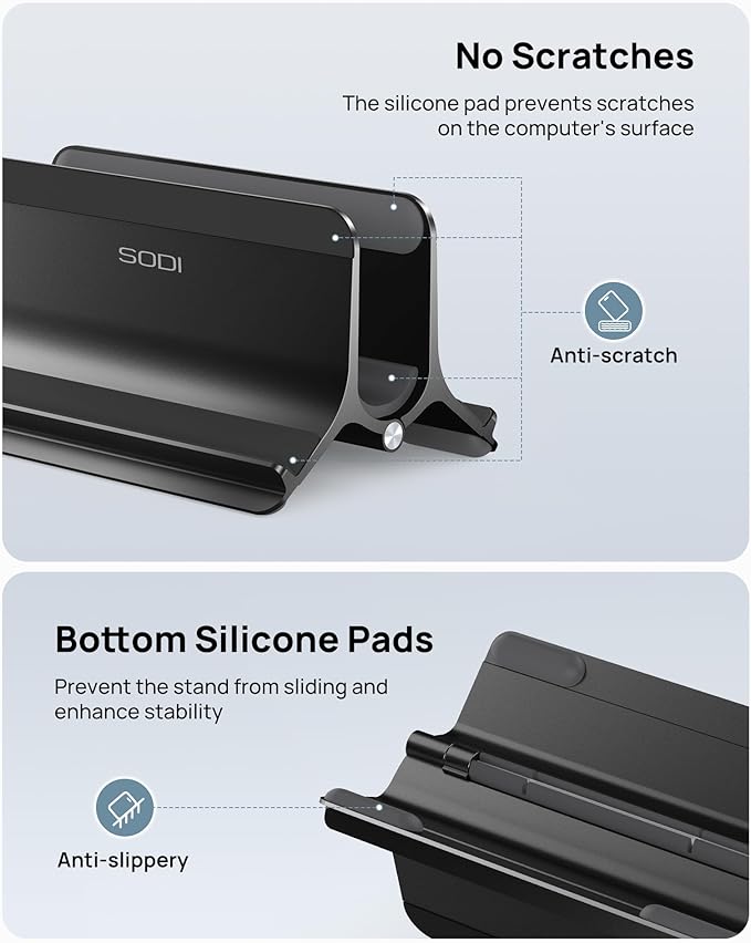 SODI Vertical Laptop Stand Holder for Desk Compatible with MacBook Air, MacBook Pro Stand Vertical Aluminum Up to 17 inch, Gravity Auto-Lock Cooling, 3-in-1 Space Saving Desk Organizer Accessories