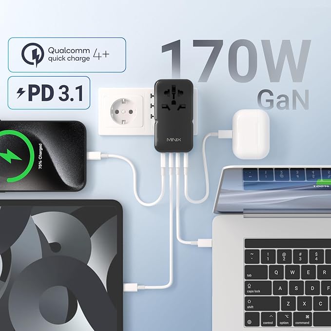 MINIX 170W Universal Travel Adapter GaN III Travel Adapter Worldwide with 3 USB-C & 1 USB-A Ports, International Power Adapter Compatible with US/UK/EU/AU for Laptops, Tablets, Phones, Cameras