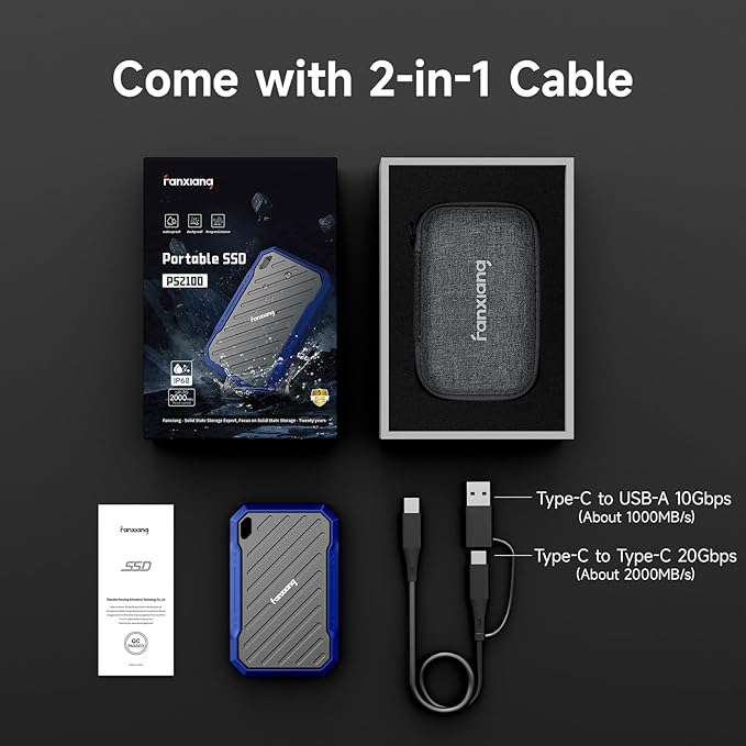 fanxiang Portable External SSD 1TB External Hard Drive, Up to 2000MB/s USB 3.2 Gen2*2, IP68 Water and Dust Resistance, External Solid State Drive Reliable Storage for Gaming, Students, Professionals