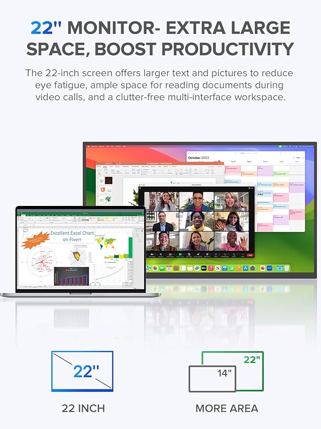 UPERFECT 22" QLED 2K Portable Monitor w/VESA & 180° Adjustable Stand, 2560×1440 QHD FreeSync HDR Gaming Display, USB-C HDMI Travel Second Monitor for Laptop, Switch, Phone