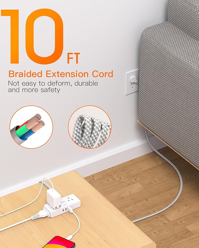 Extension Cord 10 ft, BESHON Flat Plug Power Strip, 4 Widely Outlets with 3 USB Ports (2 USB C), Extension Cord with Multiple Outlets for Home, Office, Dorm Room Essentials