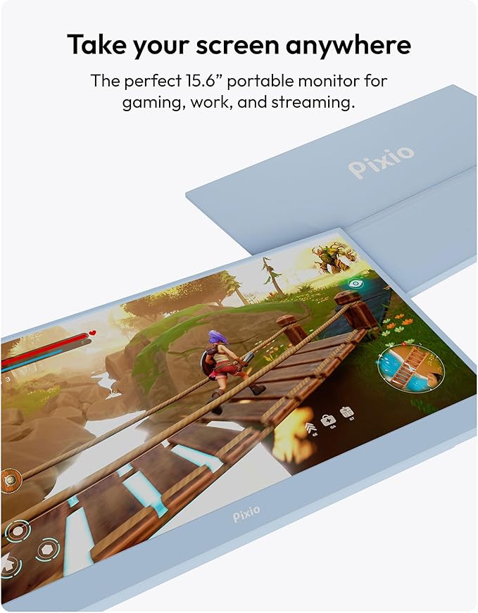 Pixio PX160 Wave Blue Portable Monitor 15.6 inch 60Hz FHD 1080p IPS Panel HDR Screen Cover Stand USB-C HDMI Laptop Screen Extender Portable Monitor for Laptop, PC, Console, Phone