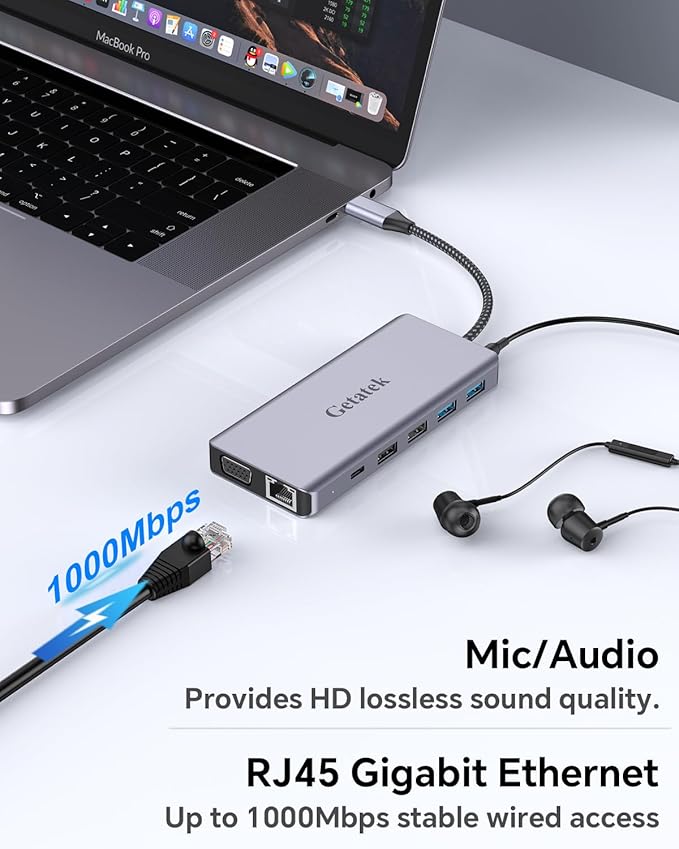 Getatek12-in-1 Docking Station with 4K HDMI,VGA,Ethernet,USB A 3.0 Data Port and USB C 5Gbps Port,100W PD Charging,SD/TF/MS Card Reader and 3.5MM Audior for MacBook, Acer, Laptops, Surface and More