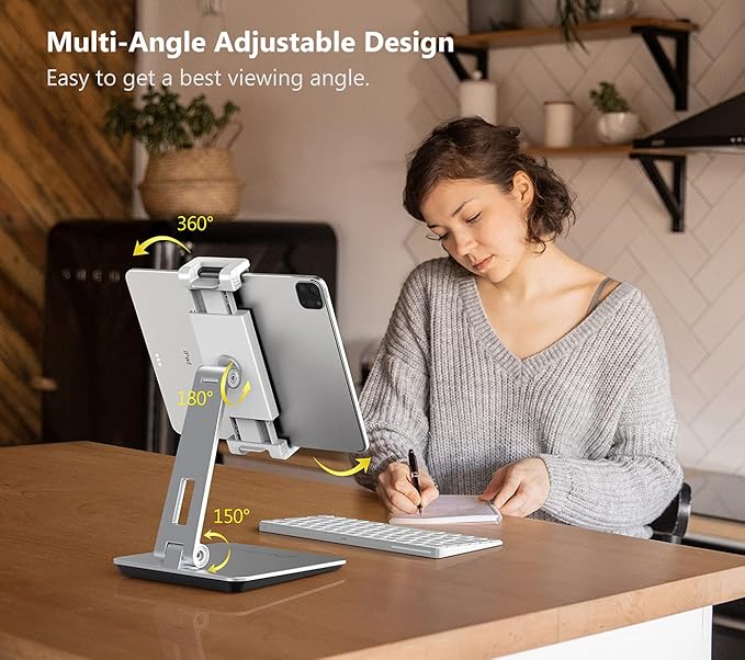 Heavy Aluminum Alloy Tablet Stand for 4.7''- 13'' Screen Surface Pro Series, iPad Pro 12.9/11, iPad, mini, Air, Samsung Galaxy Tabs and More (Silver)