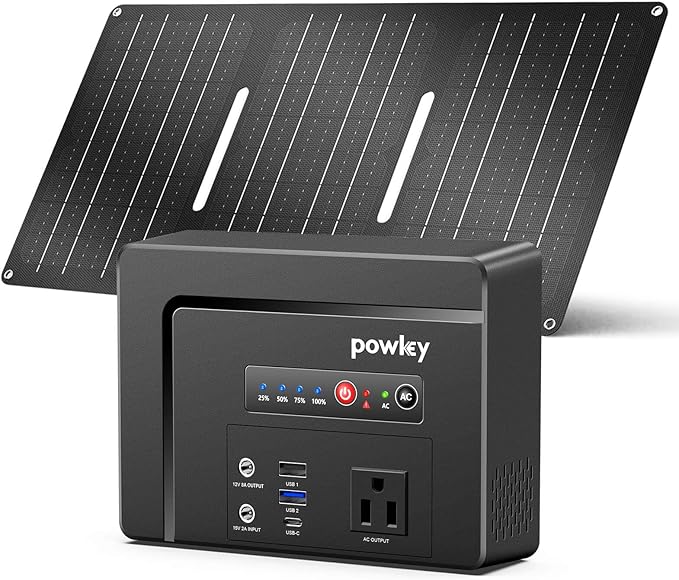 Powkey Portable Power Station with Solar Panel,100W/97Wh Small Portable Generator with Solar Panel 30W,Fast Charging Power Bank with AC Outlet/PD65W USB C/USB QC 3.0/DC for Outdoor Camping Home Backup