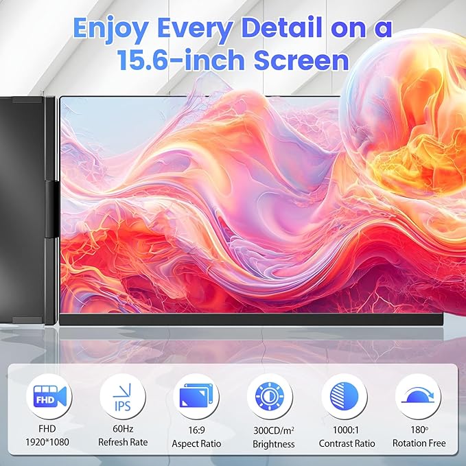 Teamgee 15.6" Laptop Screen Extender, Slim & Lightweight Portable Monitor for Laptop, Full HD IPS, 360° Rotating Stand, Detachable, USB-C Plug & Play, RGB Lighting, Thin Bezels
