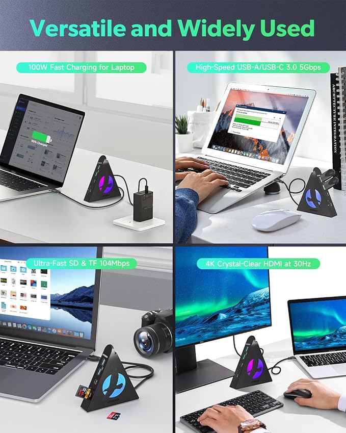 Vertical USB Hub Tower, 8-in-1 USBC Hub with HDMI 4K@30Hz, 100W PD, 5Gbps USB-C & 3xUSB-A, SD&TF Slots, RGB Gaming Hub Compatible with MacBook, iPad, iPhone16, XPS, Surface & Type-C Laptops.