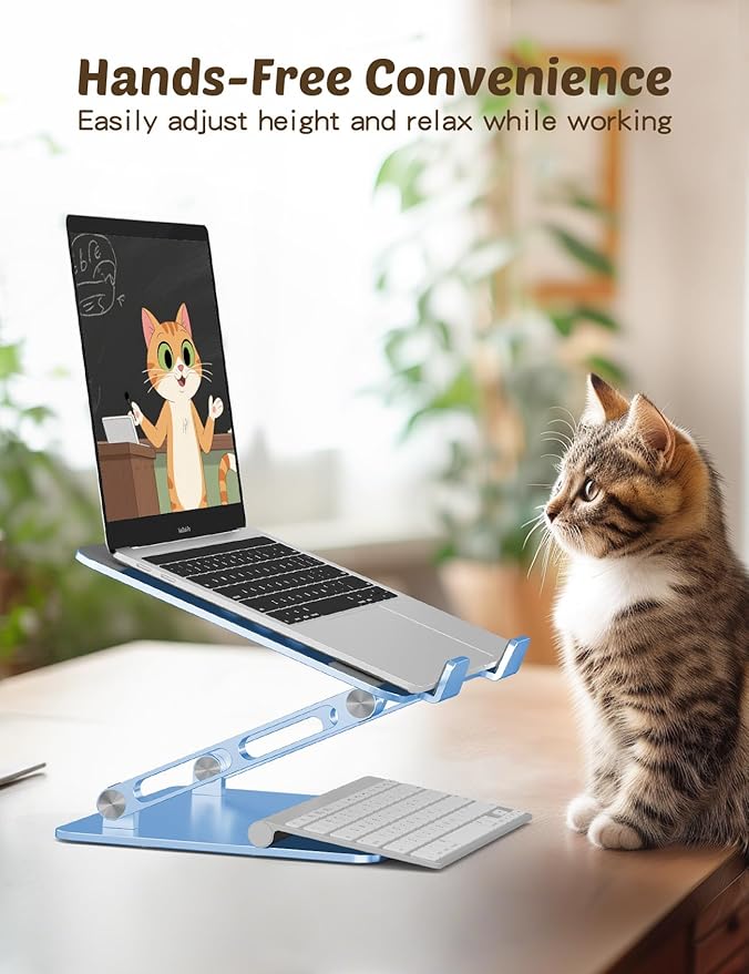 Laptop Stand for Desk – Portable Adjustable Laptop Riser & Holder, Foldable Computer Stand Compatible with MacBook Air Pro, Dell, HP, Lenovo (10"-17.3"), Featuring Cat Panel Design, Sky Blue