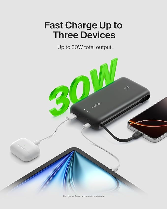 Belkin Portable Charger, Power Bank with Integrated Cable 20000 mAh 30W - Fast Charging USB C Power Delivery, iPhone Charger - iPhone 17, Air, Pro, Pro Max, iPad, Galaxy S25, & More - Black