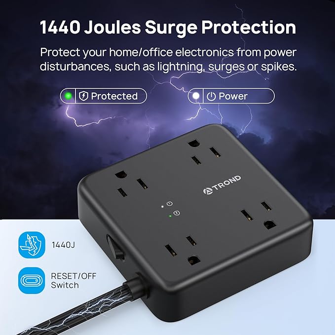 TROND Surge Protector Power Strip with USB Ports, 5ft Flat Plug Extension Cord with Multiple Outlets, 1440J, Wall Mount for Home Office Dorm Room Essentials, Black