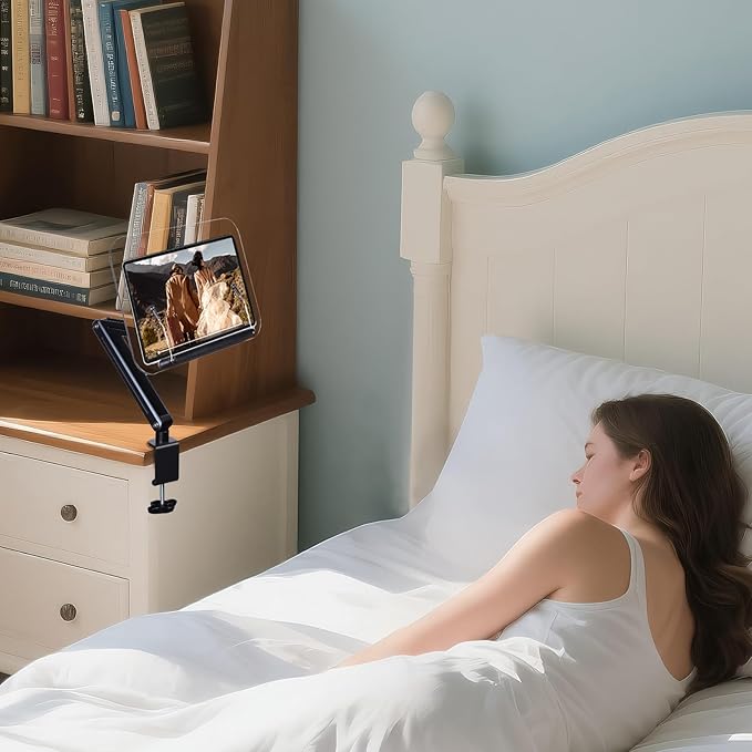 ASIEIT Book Stand with Clamp, Acrylic Desk Clamp Book Holder, 360° Cookbook Stand for Kitchen, Recipe Book Stand, Height and Angle Adjustable, Foldable and Portable for Office, Bible,Magazine,Laptops