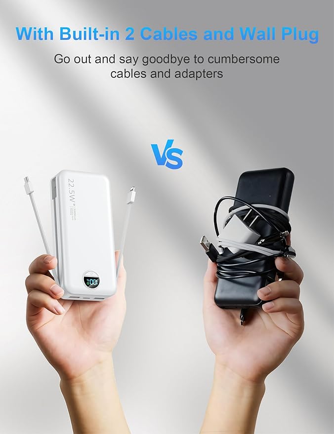 Portable Charger with Wall Plug, 20000mAh USB C Power Bank Fast Charging, External Battery Pack with Built in Cables, Digital Display, 5 Output 2 Input for iPhone Android Cell Phone Tablet