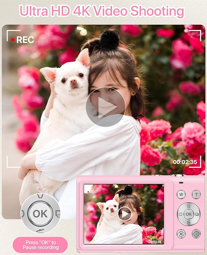 Digital Camera, 4K Vlogging Camera for YouTube Autofocus Cameras for Photography with 16X Digital Zoom, 48MP Compact Point and Shoot Digital Camera for Teens Adult with 32GB SD Card, 2 Batteries-Pink