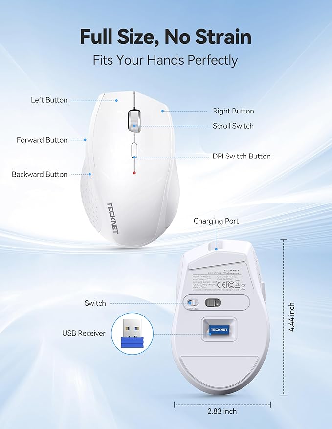 TECKNET Wireless Mouse Rechargeable,Mouse for Laptop Computer,2.4G USB Computer Mice Wireless,6 Button 6400 DPI Ergonomic Silent Mice,Portable Cordless Travel Mice-Wide Compatibility