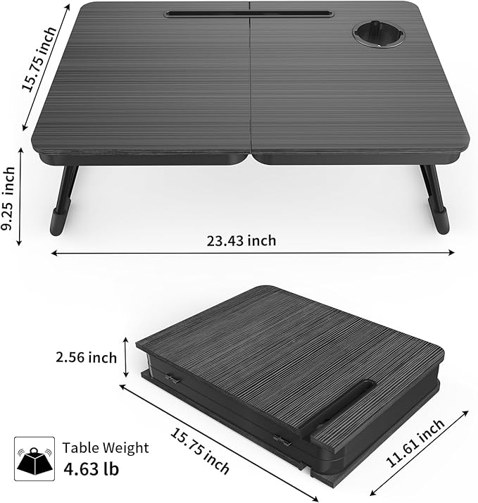 BUYIFY Portable Foldable Laptop Desk for Bed and Couch, Adjustable Lap Desk with Cup Holder and Phone Holder, Ideal for Working, Reading, Writing, and Breakfast (Black)