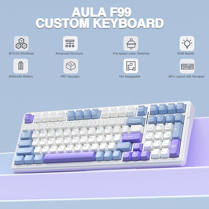 AULA F99 Wireless Mechanical Keyboard,Tri-Mode BT5.0/2.4GHz/USB-C Hot Swappable Custom Keyboard,Pre-lubed Linear Switches,Gasket Structure,RGB Backlit Gaming Keyboard for PC/Tablet/Xbox/PS4/PS5
