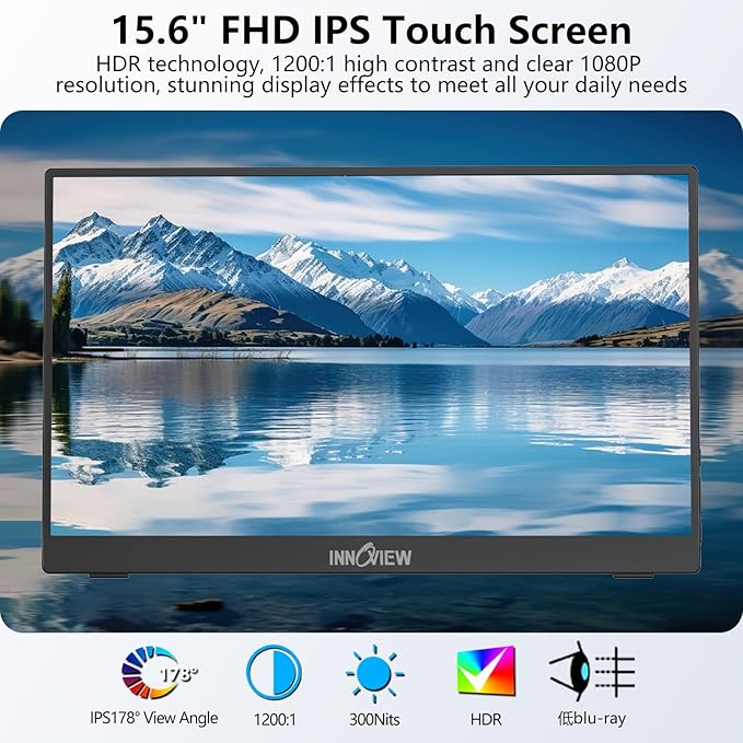 InnoView Portable Monitor Touchscreen 15.6" 1080P 10-Point Touch Screen Monitor Portable with Protective Sleeve Built-in Stand, 1200:1 HDMI USB C Travel Monitors for Laptop, PC, Phone