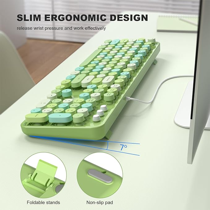 Colorful Computer Keyboards Wired, USB Plug and Play Full Size Typewriter Keyboard, Cute Aesthetic Keyboard with Foldable Stands for Windows PC Laptop (Green)