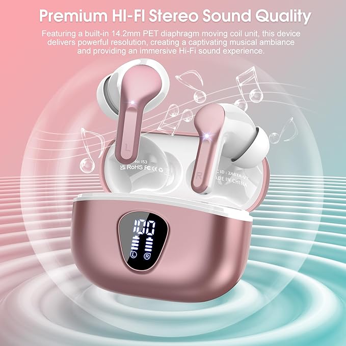 Wireless Earbuds, Bluetooth 5.4 Headphones HiFi Stereo, Bluetooth Earbuds with ENC Noise Cancelling Mic, IP7 Waterproof in Ear Earphones, 48H, LED Display Ear Buds for Pad Phones Workout, Rose Gold