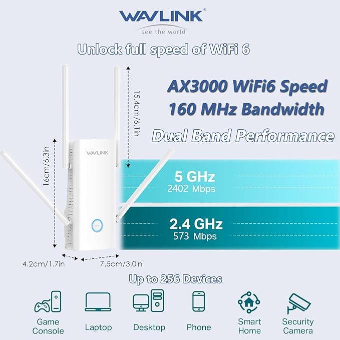 WAVLINK AX3000 WiFi 6 Extender Signal Booster for Home,3000Mbps Dual Band (5GHz/2.4GHz) WiFi Repeater,WiFi Repeater Signal Booster with Gigabit Ethernet Port,Access Point,1-Tap Setup