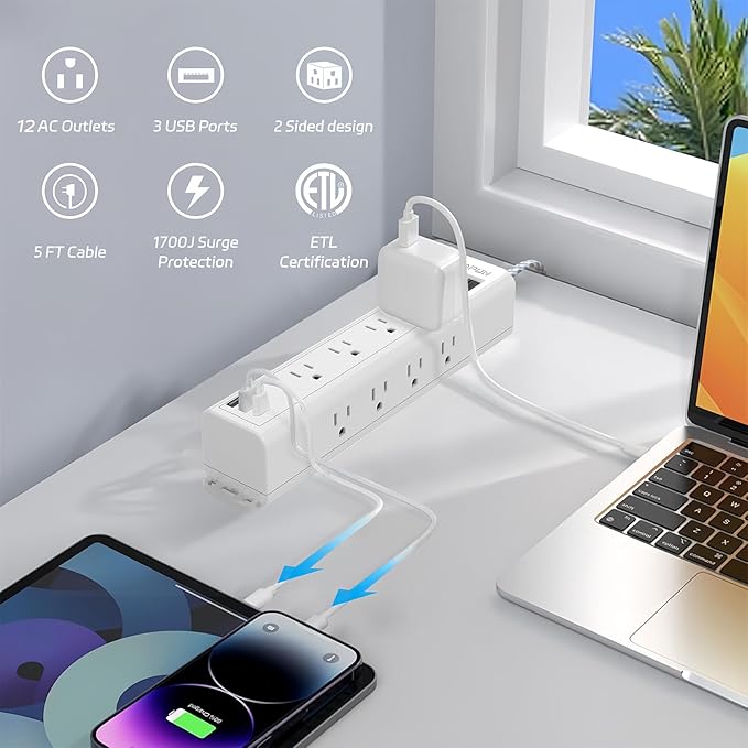 Surge Protector Power Strip 5 FT Extension Cord with Multiple Outlets - 12 Widely AC Outlets and 3 USB Ports, Flat Plug, Wall Mount Outlet Extender with 1700J Overload Protection, ETL Listed
