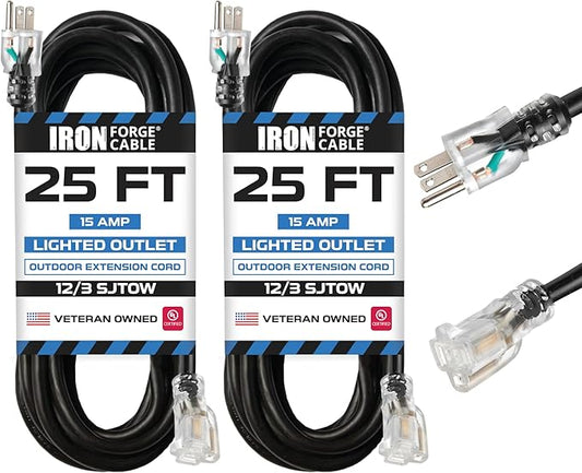 Iron Forge Cable 2 Pack 12 Gauge Outdoor Extension Cord 25 Ft, SJTOW 12/3 Heavy Duty Extension Cord 3 Prong - Oil Resistant & Flame Retardant