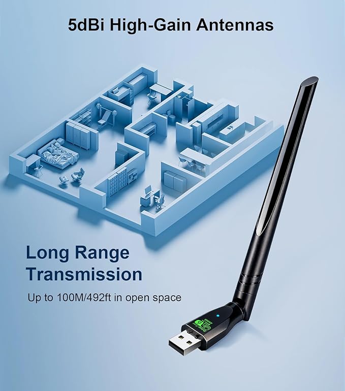 AX900Mbps USB WiFi 6 & Bluetooth Adapter for Desktop PC,5dBi Gain Antenna Wireless Transceiver,BT5.3(EDR+BLE),Dual Band (2.4GHz+5GHz),Plug-and-Play for Desktop/Laptop/Printers (Win 7/10/11)