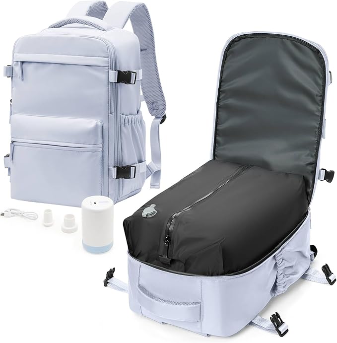 Vacuum Travel Backpack with Pump for Women,Personal Item Carry on Backpacks Flight Approved 18x14x8 inches for Men,Laptop Waterproof Work Compression bags Casual Daypack Grey