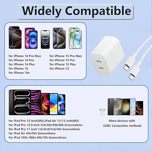Extra Long 10FT for iPhone 17 Air 16e 15 Charger Fast Charging, Dual Port PD Power Adapter Fast C Charging Block with 10Feet USB C to C Cable Cord for iPhone 16 15 Pro Max/16 Pro/15/15 Plus/iPad,2Sets