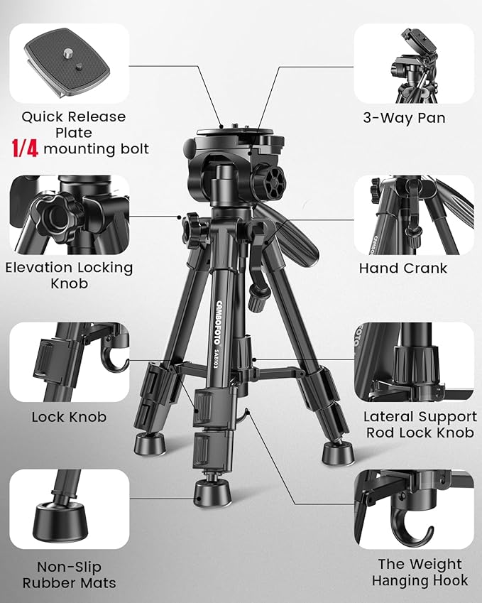 CAMBOFOTO 30"-Camera-Tripod, Porfessional Aluminum Heavy Duty Tripod Stand for Mirrorless Camera/DSLR/Cell Phone/Camcorder, with Holder and Travel Bag (Weight 1.5Lb, Max Load 15 Lb)