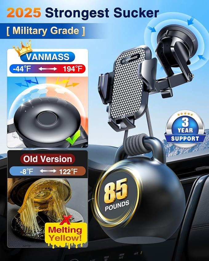 [2025 True Military-Grade] Car Phone Holder VANMASS [Upgraded Strongest Suction & Clip] Cell Phone Mount for Dashboard Windshield Vent Wall,Truck Cradle Stand for iPhone 17 Pro Max 16 15 14 13 Android
