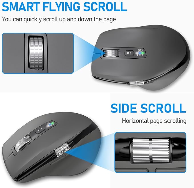Wireless Bluetooth Side Scroll Mouse with Multi-Device, Ergonomic Computer Mice with Smart Flying Scroll, Quiet Click for Computer, Laptop, iPad, Tablet, MacBook (Grey)