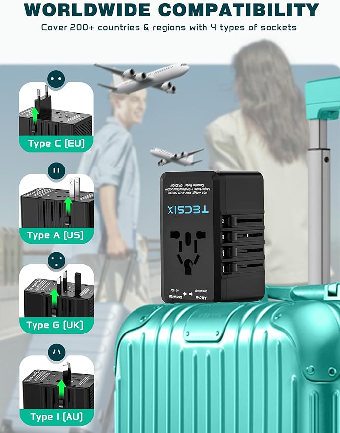 220V to 110V Voltage Converter, TECSIX Universal Travel Power Converter Adapter Combo with 2 USB C, 2 USB A, AC Outlet, Step Down International Power Adapter Worldwide to Europe, UK, US, AUS, Asia