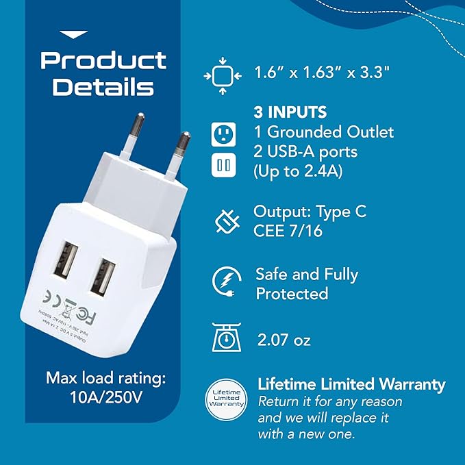 Ceptics Italy, Europe Travel Adapter Plug Set - 2 Pack - with 2 USB + USA Socket Input - Type L and Type C - Ultra Compact - Safe Grounded Perfect for Cell Phones, Laptops, Camera Chargers