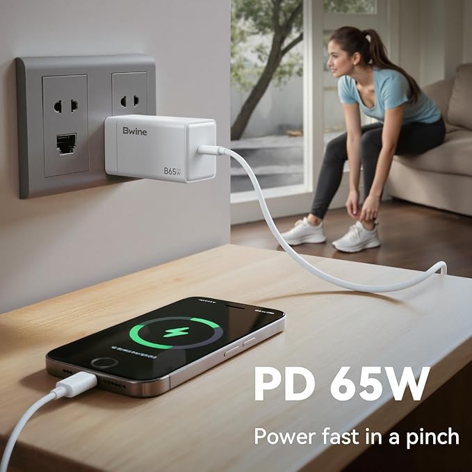 Bwine 65W Phone Charger, GaN Charging Blocks, Compatible with Drone, iPhone 17/Pro,Galaxy S24,Note 20/10+, iPad and More(1x Adapter 1x Cable)