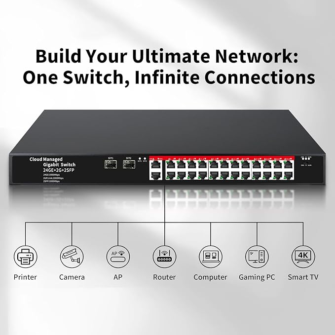 STEAMEMO 26-Port Gigabit Ethernet Switch | Smart Managed with 2 SFP Slots | QoS & VLAN Support | Rackmount/Desktop Metal Network Switch | Plug & Play Setup(Includes Power Adapter)