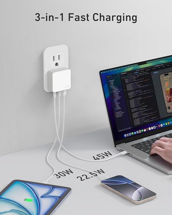 Nekmit 100W Flat USB C Charger Block, 3-Port GaN Fast Wall Charger, USB C Wall Plug for MacBook Pro/Air, iPad, iPhone, Galaxy and More (White, 100W)