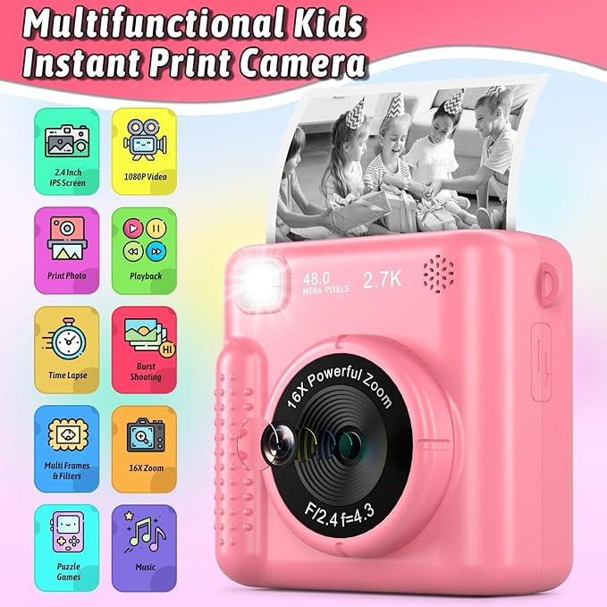 Kids Camera Instant Print, Christmas Birthday Gifts for Girls Boys Age 3-12，HD Selfie Kids Digital Camera, Portable Travel Toy for 3 4 5 6 7 8 9 10 Year Old Girls (Pink)