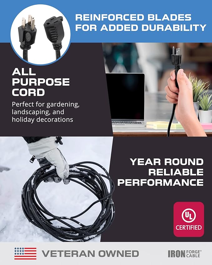 Iron Forge Cable 50 Ft Black Outdoor Extension Cord, 16/3, 50 Foot Outdoor Extension Cord, 3 Prong, Weatherproof - Great for Outside Use