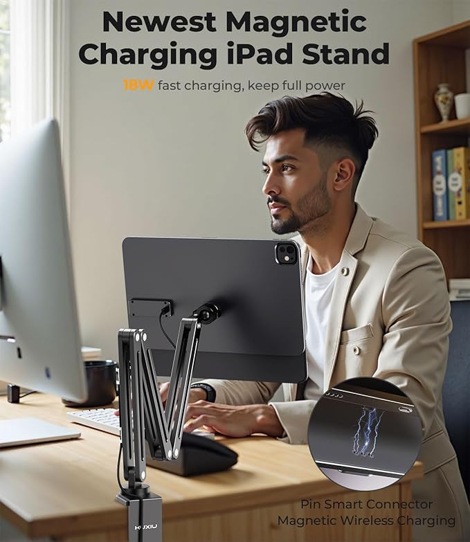 Magnetic Wireless Charging Stand for iPad Pro 11" M4 (2024), Foldable Adjustable Arm Mount with 2M Cable, Aluminum Alloy Tablet Holder for Desk